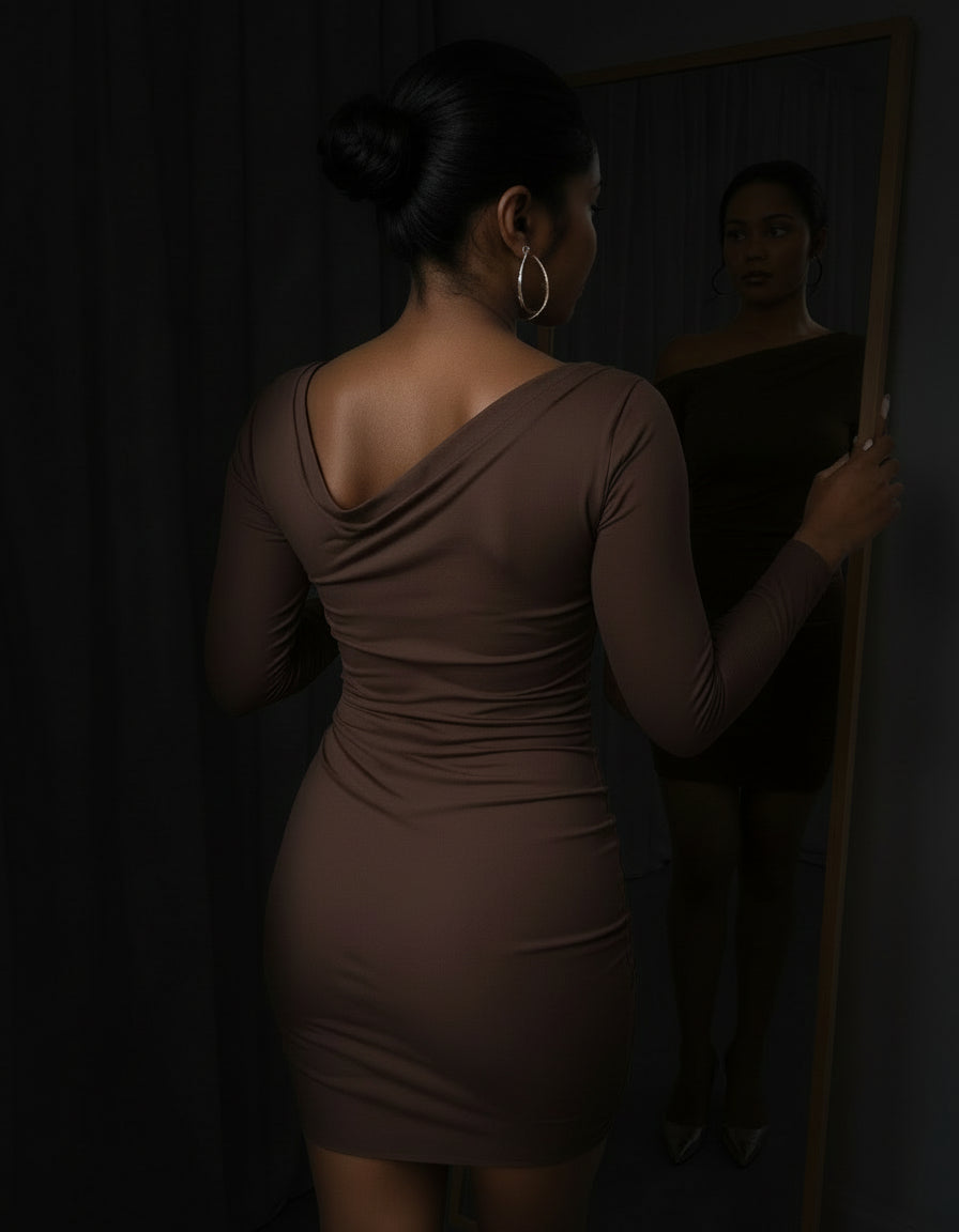 Off the Shoulder Allure Bodycon Dress — Long Sleeve, Brown Solid Color, Casual to Formal