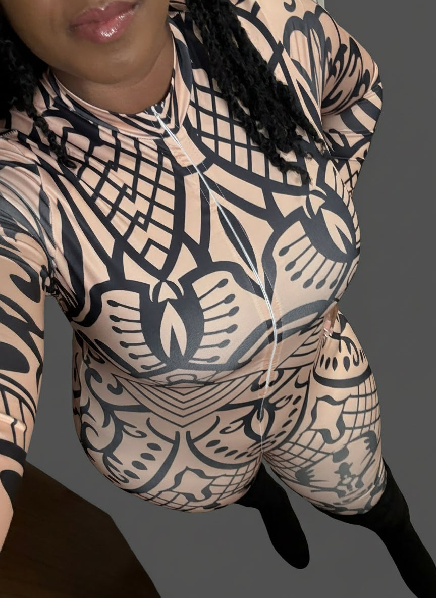Urban Mosaic Jumpsuit – Women’s Sexy Geometric Print Long-Sleeve Jumpsuit