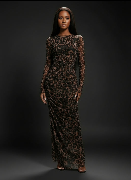 Untamed Grace — Elegant Leopard Print Long-Sleeve Sheer Fitted Dress
