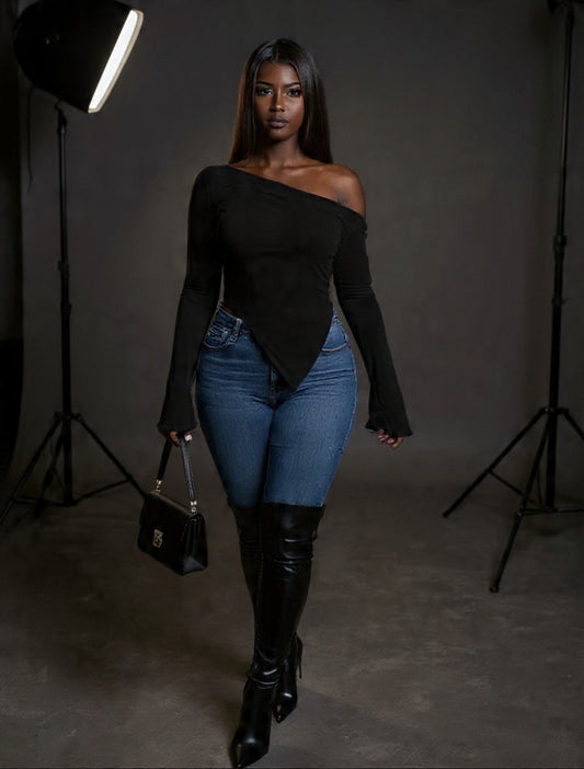 Midnight Muse Top for Women – Long Sleeve Off-Shoulder Bodysuit, Ruched Design, Casual & Stylish Black Top