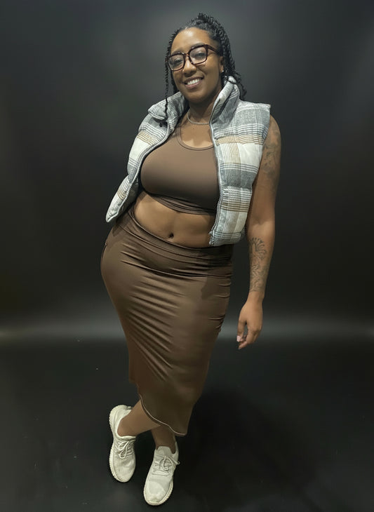 Cocoa Aura Set – Curve-Defining Two-Piece Crop Top & Midi Skirt Set