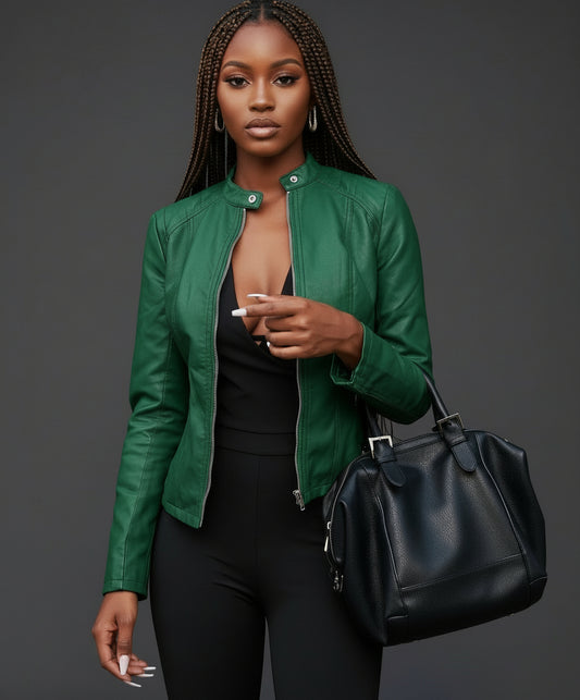 Executive Edge Pleather Blazer – Elegant H-Line Zip-Front Jacket with Pockets PREORDER ONLY