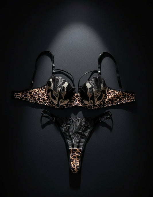 Lily Noir Seduction Set – Black Embroidered Lily & Leopard Print Bra + Color Block Thong