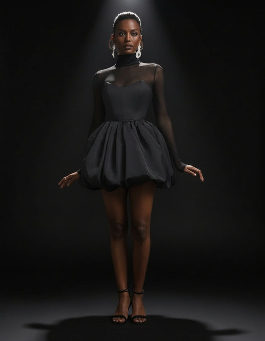 Moonless Majesty Dress – Elegant Long-Sleeve A-Line Evening Dress with Bubble Hem