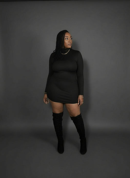 Sculpted Serenity Dress – Elegant High-Neck Long-Sleeve Bodycon Dress