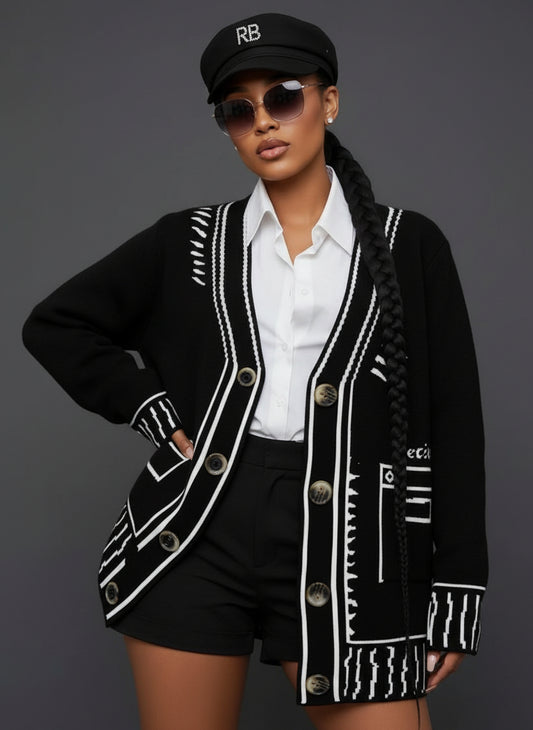 The Anime Cardigan – Plus-Size Black Irregular Jacquard Cardigan with Bold Contrast Design PREORDER ONLY