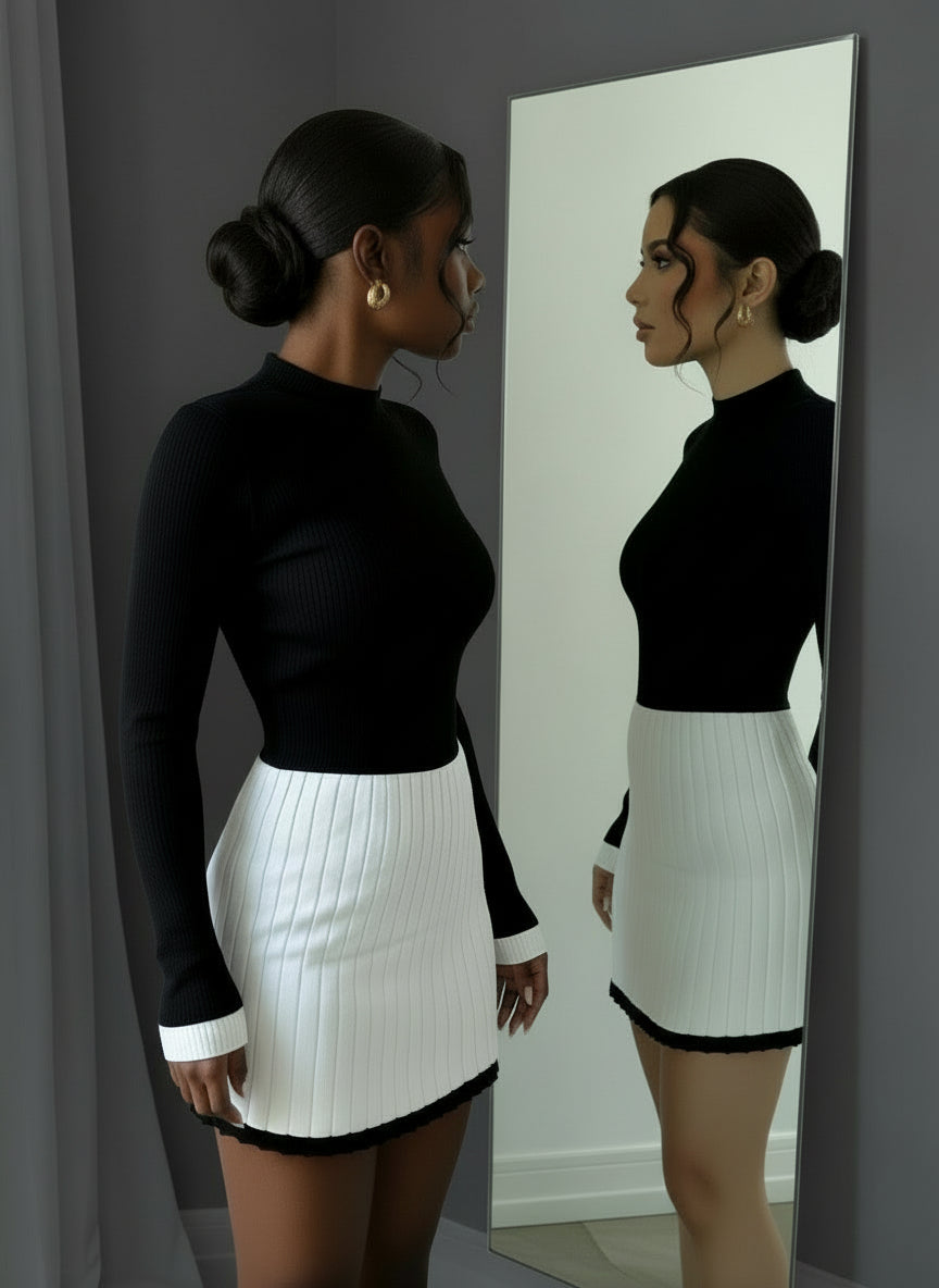 Winter Icon Dress – Warm Slim-Fit High-Neck A-Line Mini Dress with Color-Block Detail