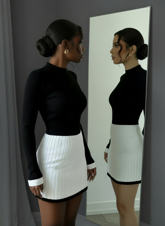 Winter Icon Dress – Warm Slim-Fit High-Neck A-Line Mini Dress with Color-Block Detail